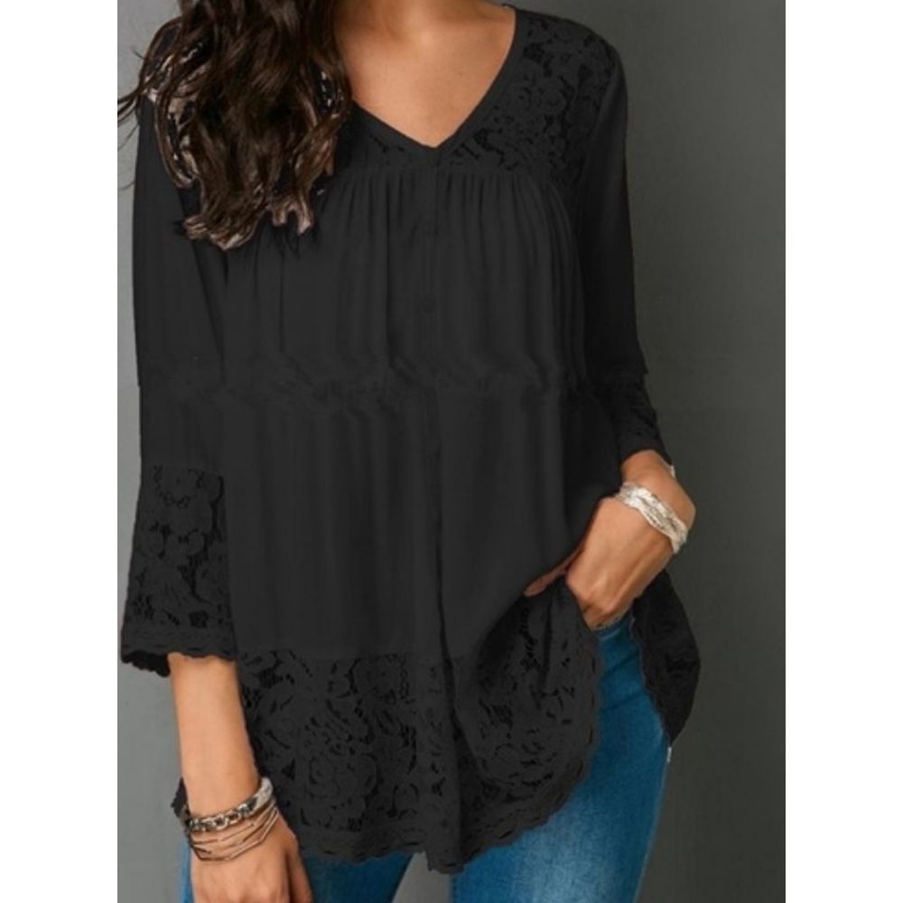 Soft & Feminine Black Lacey V-Neck Top Size Medium - Picture 1 of 8
